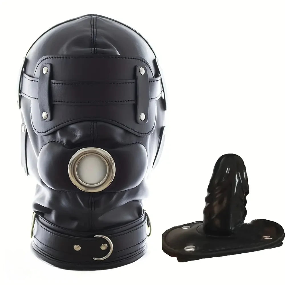 1.96in Black Leather BDSM Hood With Removable Blindfold Mouth Gag Dildo