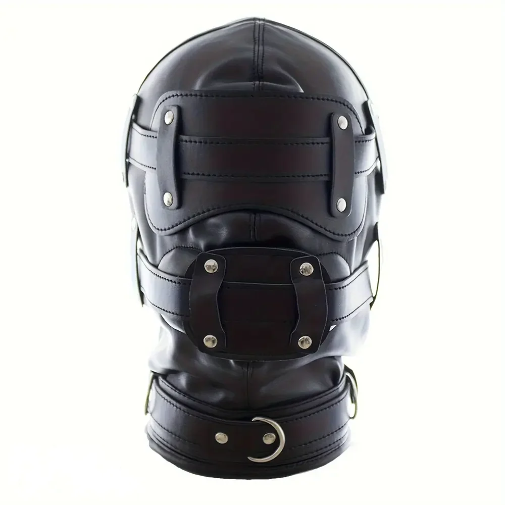 1.96in Black Leather BDSM Hood With Removable Blindfold Mouth Gag Dildo