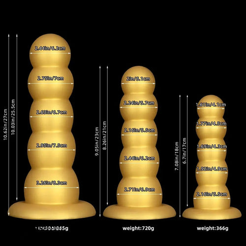 7.08in 9.05in 10.62in Gold Silicone Soft Five-Bead Pull-Bead Butt Plug Dildo