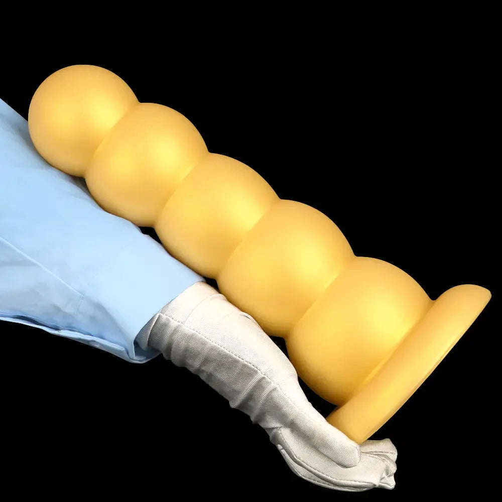 7.08in 9.05in 10.62in Gold Silicone Soft Five-Bead Pull-Bead Butt Plug Dildo