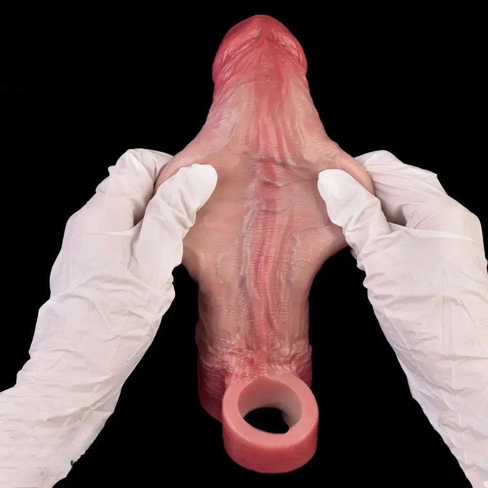 8.46in Vibrating Real Remote Silicone Hollow Dildo Sleeve Uncut Extender