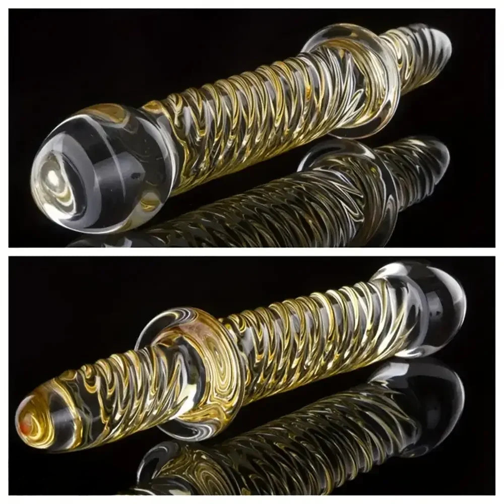 8.7in Golden Pattern Glass Dildo With Handle Sex Toy For Couples
