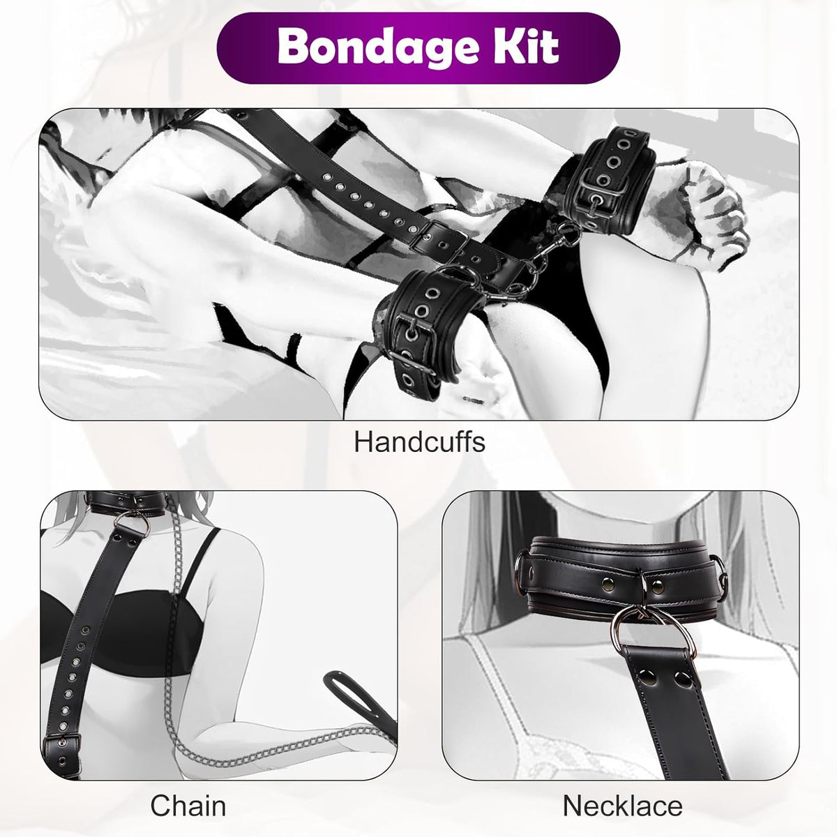 BDSM Bondage Neck to Wrist Restraints Kit with Traction Chain