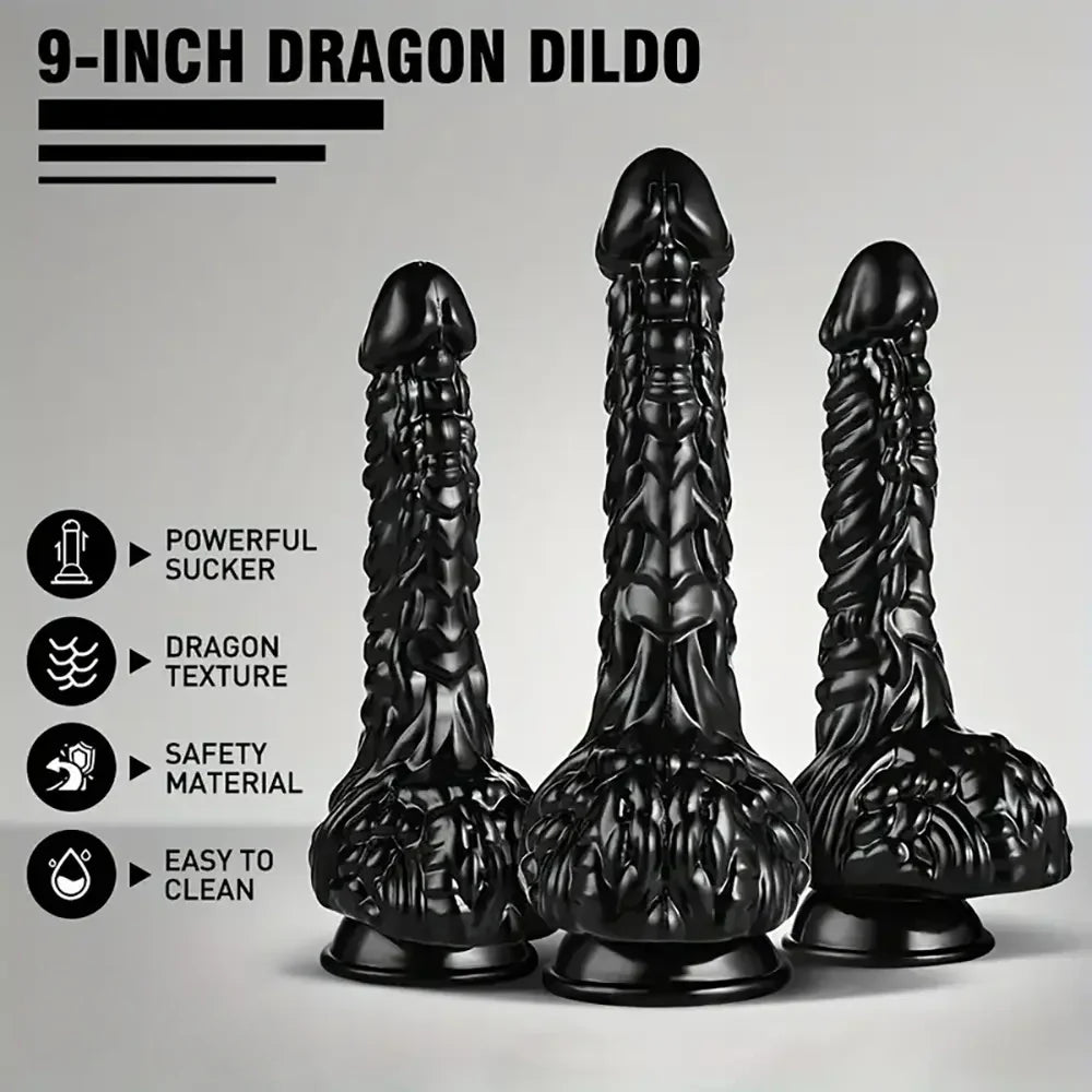 9in Dragon Big Black Fantasy Penis Scales Bumps PVC Cock Dildo