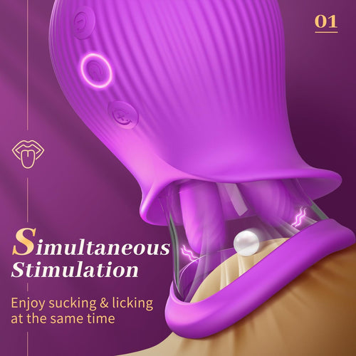 Rose Romeo - 3in1 Rose Sex Toy with 2 Suction Cups Adult Toys Female Clitoral Nipple Vibrators with 10 Licking Sucking Vibrating