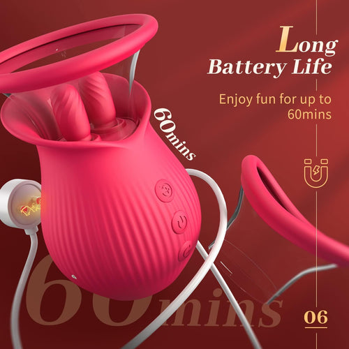 Rose Romeo - 3in1 Rose Sex Toy with 2 Suction Cups Adult Toys Female Clitoral Nipple Vibrators with 10 Licking Sucking Vibrating